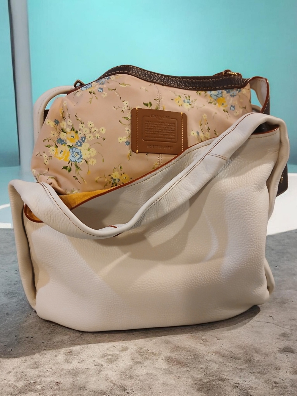 Coach Cream Leather Shoulder Bag with Floral Nylon Pouch